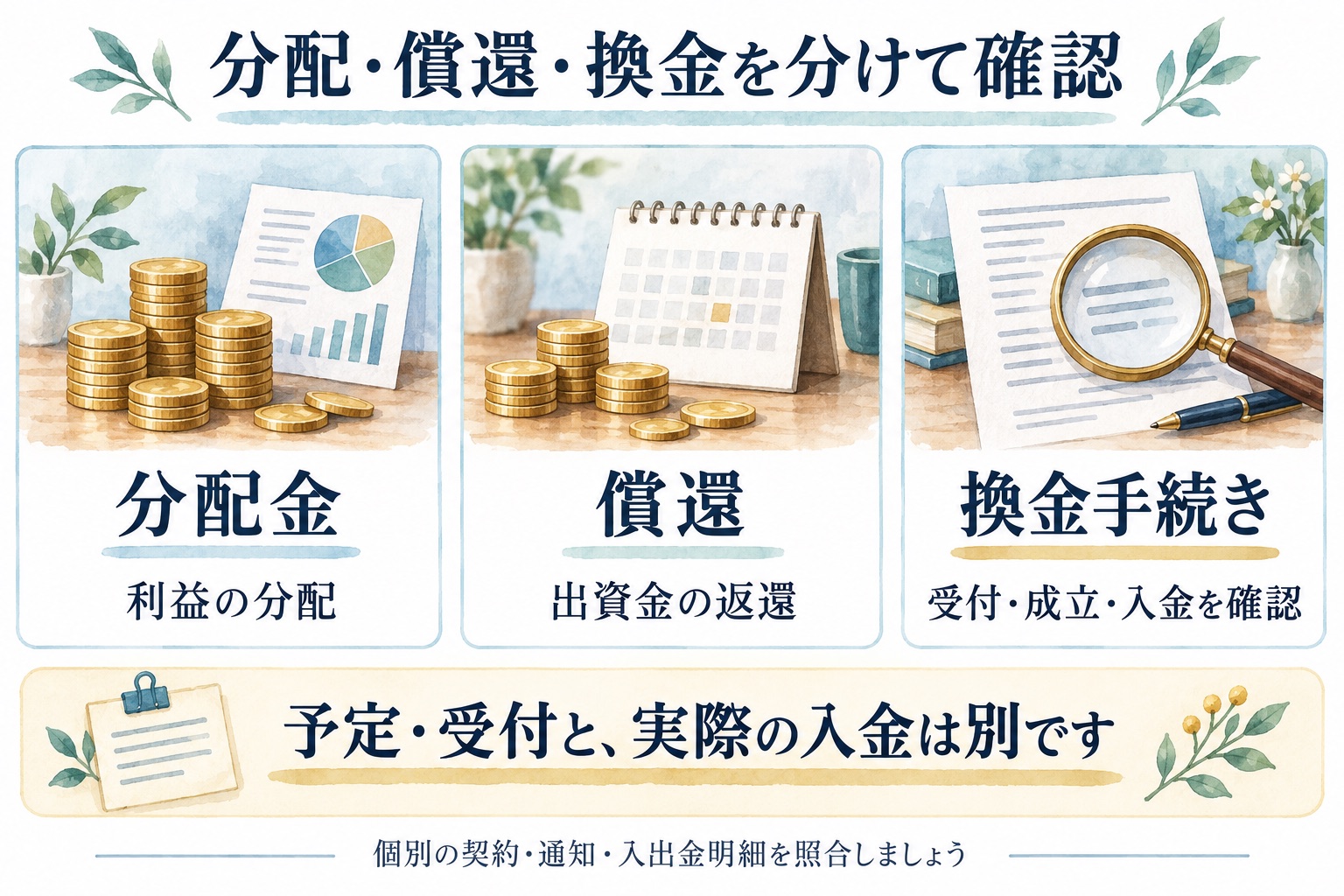 分配金は利益の分配、償還は出資金の返還、換金手続きは受付・成立・入金を分けて確認する図