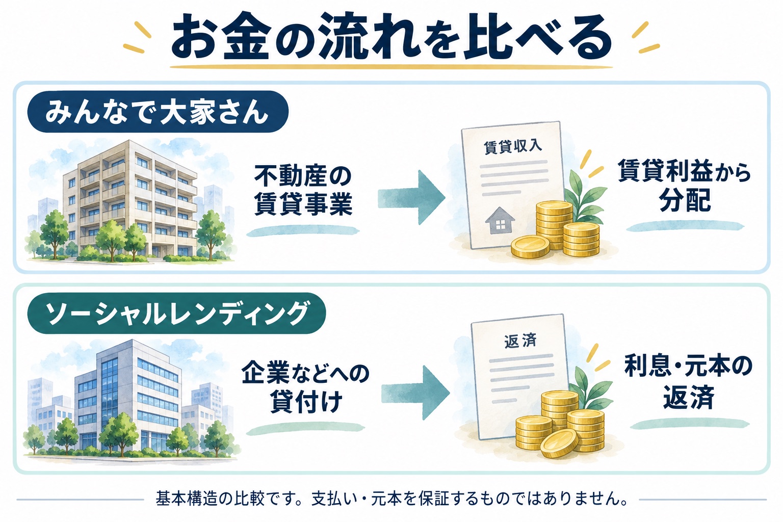 みんなで大家さんの不動産賃貸事業とソーシャルレンディングの貸付けを比較した概念図