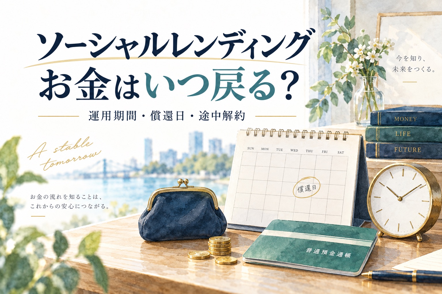 ソーシャルレンディングのお金はいつ戻る？運用期間・償還日・途中解約を解説する記事の表紙。カレンダーと時計、財布のイラスト。