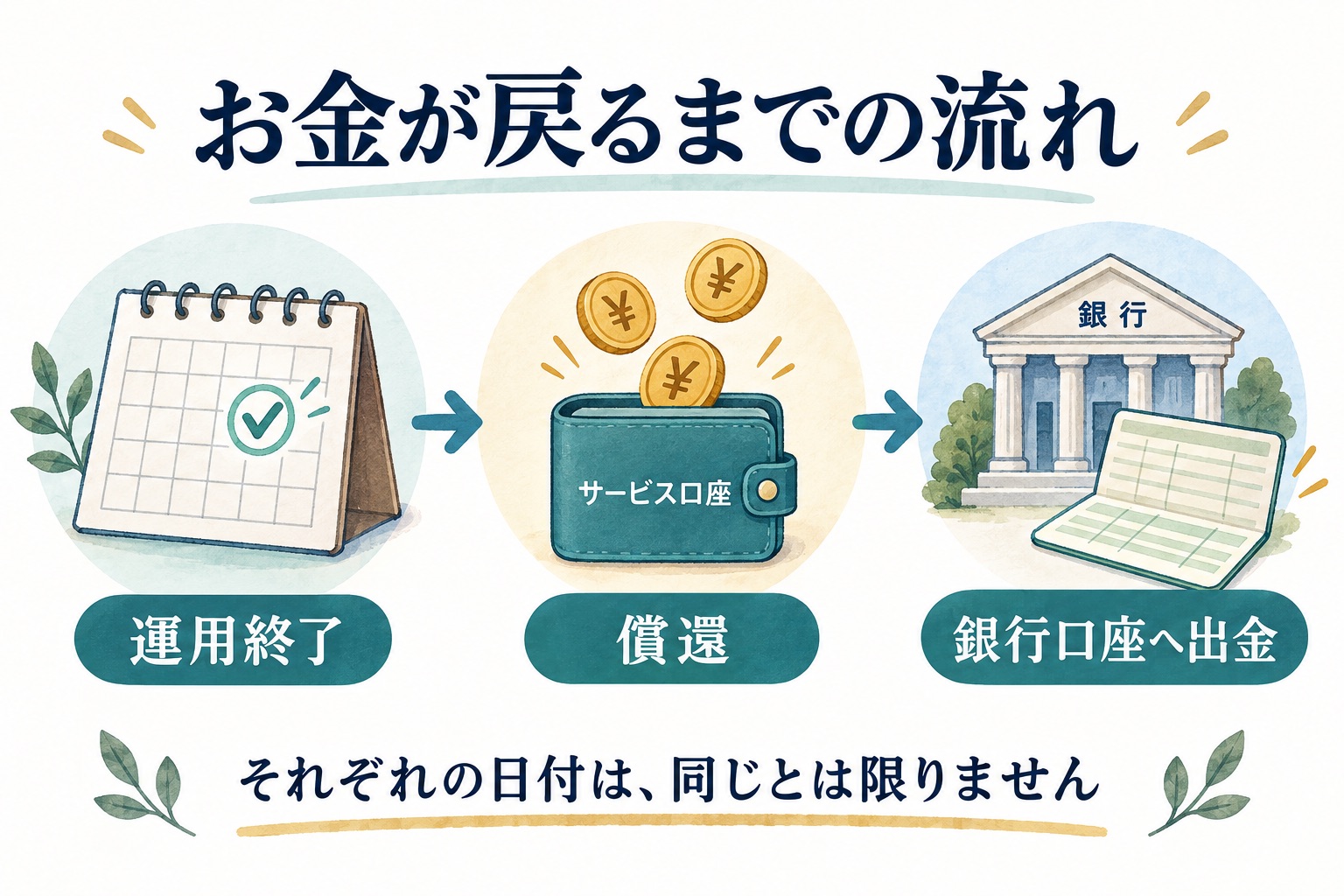 運用終了、サービス口座への償還、銀行口座への出金という3段階。それぞれの日付は同じとは限らない。